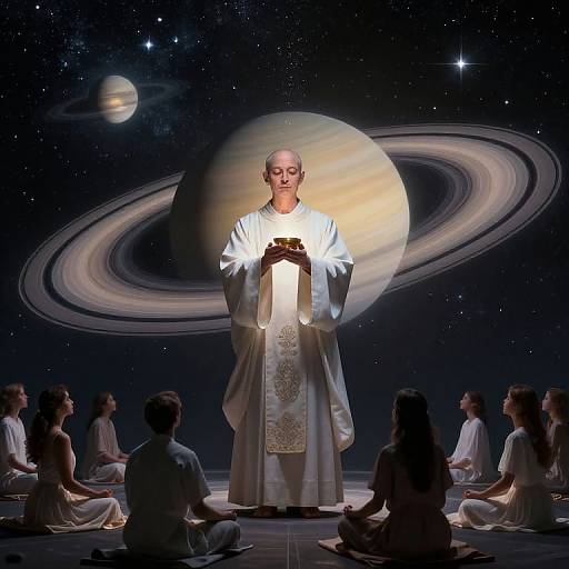 Photograph of a bald, white-robed figure with glowing hands, standing center stage before an astronomical backdrop, surrounded by seated, silhouetted