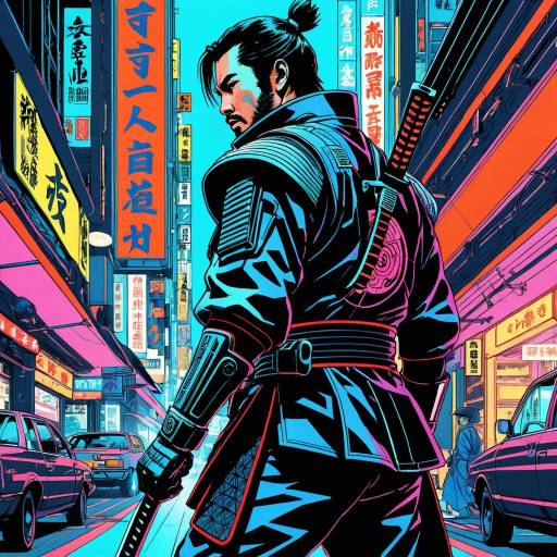 Futuristic Samurai in Neon-Noir Cityscape