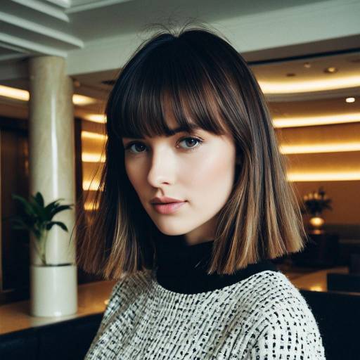 Fashion Model with Textured Bangs in Luxury Hotel