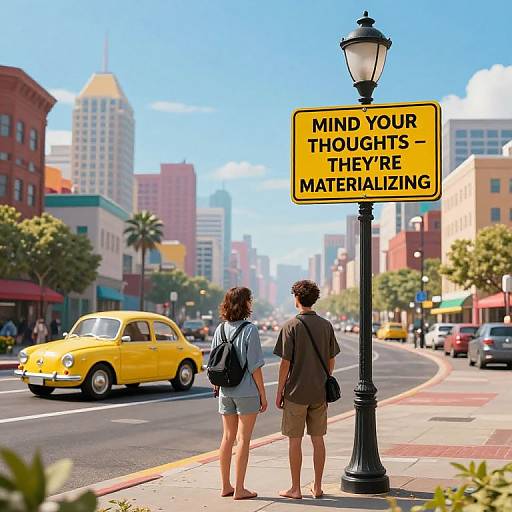 Photograph of a sunny urban street with a yellow car, a 