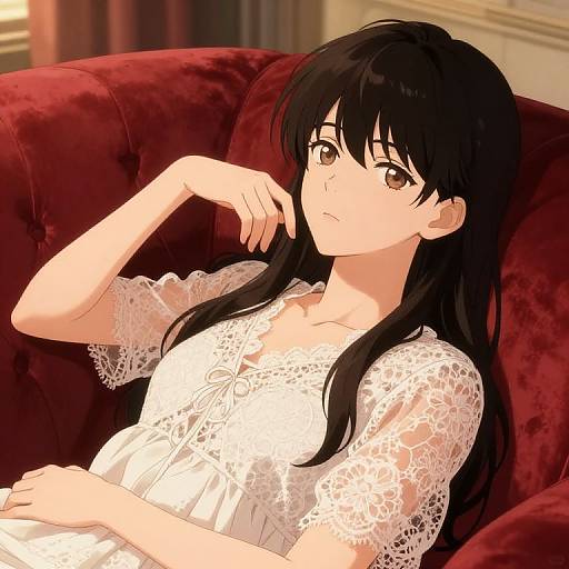 Anime-style digital drawing of a young woman with long black hair, wearing a white lace dress, reclining on a red velvet couch. She has a