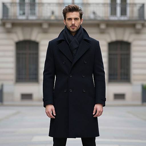 Photograph of a handsome, serious-looking man with brown hair, wearing a black double-breasted coat and scarf, standing in front of a blurred,