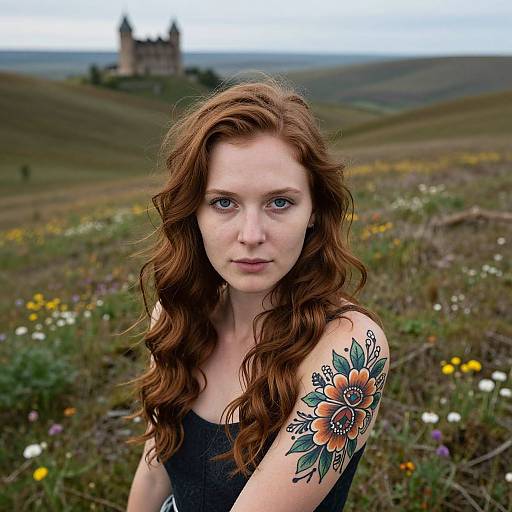 Photograph of a fair-skinned, red-haired woman with a large floral tattoo on her right shoulder, standing in a grassy meadow with a