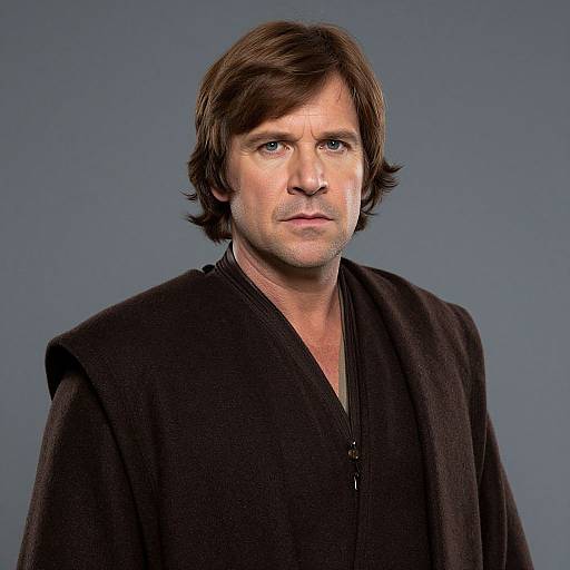 Photograph of a middle-aged man with medium-length brown hair, wearing a black Jedi robe, against a plain blue background.