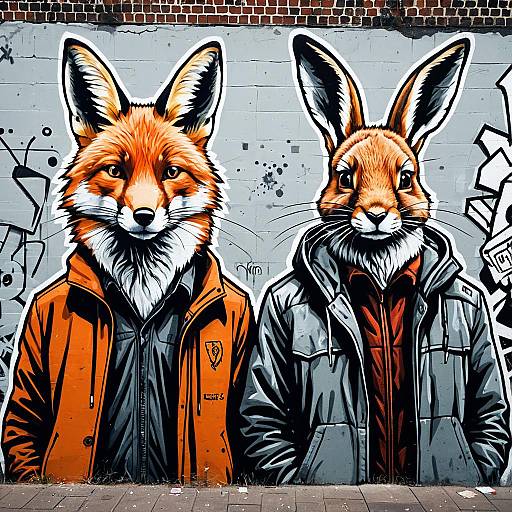 Urban Graffiti of Fox and Rabbit Humanoids