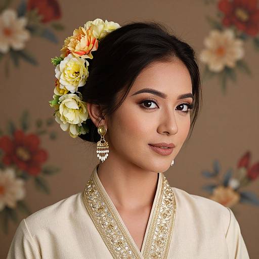 Photograph of an Asian woman with fair skin, dark hair in an updo adorned with yellow flowers, wearing a cream silk blouse with gold embroidery,