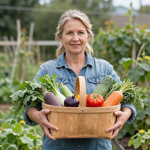 Photograph of a smiling middle-aged blonde woman in a denim shirt holding a wooden basket filled with colorful vegetables in a lush garden.