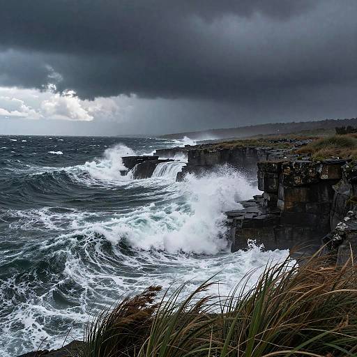 Photograph of a stormy seascape with dark, cloudy skies, crashing waves against rocky cliffs, and tall, grassy foreground.