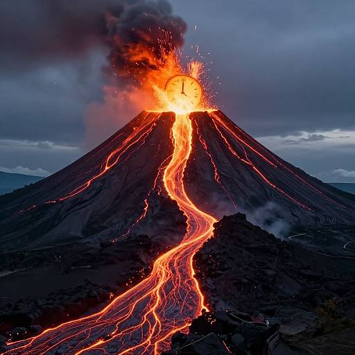 Photograph of an erupting volcano at night, with bright orange lava flowing down the dark, ash-covered slopes, emitting thick black smoke into a cloudy