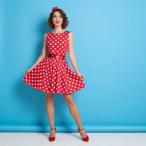 Photograph of a woman in a red polka dot dress, red heels, and a red hair bow, standing against a bright blue background. Retro