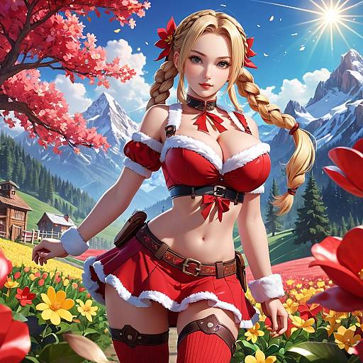 Digital art of a blonde woman with large breasts, braided hair, red Santa outfit, and thigh-highs, standing in a vibrant, sunny,