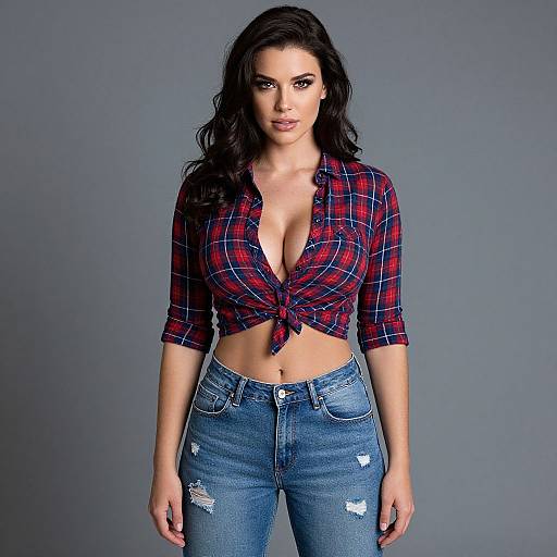 Photograph of a dark-haired woman with wavy hair, wearing a tied red plaid shirt exposing cleavage, and blue distressed jeans, against a