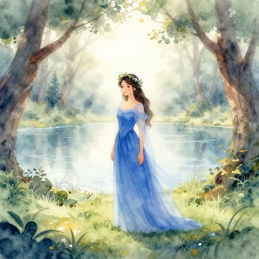 Digital painting of a fair-skinned woman with long brown hair, wearing a flowing blue dress, standing in a sunlit forest by a serene lake.