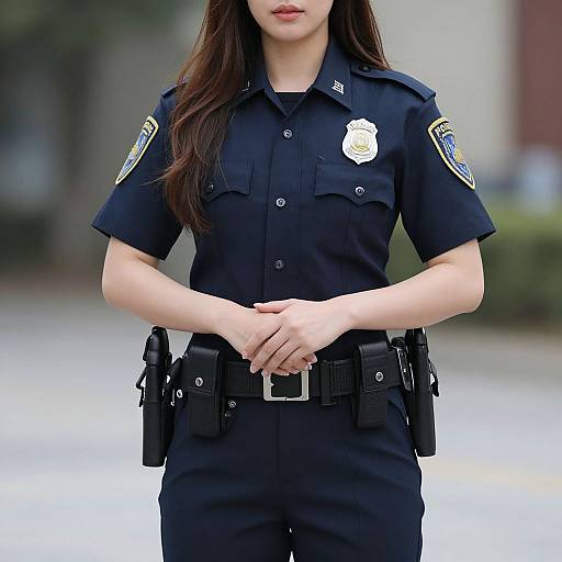 Photograph of an Asian female police officer in a black uniform with long brown hair, hands clasped, standing outdoors.