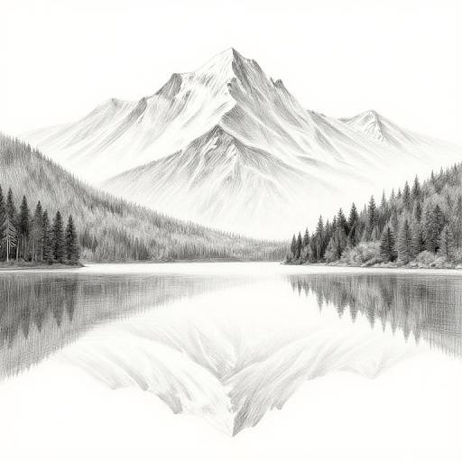 Black-and-white digital drawing of a serene lake reflecting snow-capped mountains and dense pine forests, with a calm, mirrored surface.