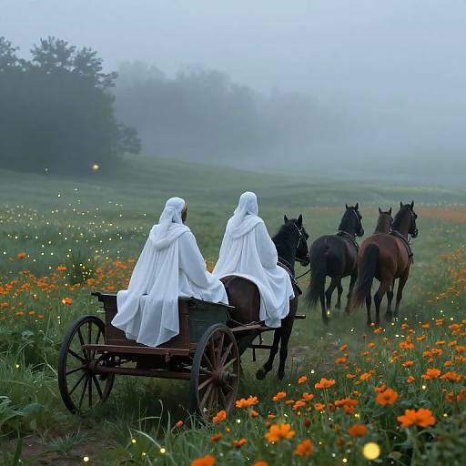 Photograph: Two robed figures in white, seated in a wooden cart, follow four horses through a misty field of orange flowers.