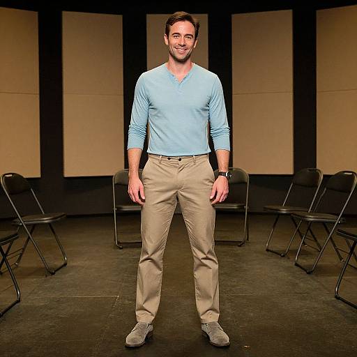 Photograph of a smiling, attractive man with short brown hair, wearing a light blue long-sleeve shirt, beige pants, and gray shoes,