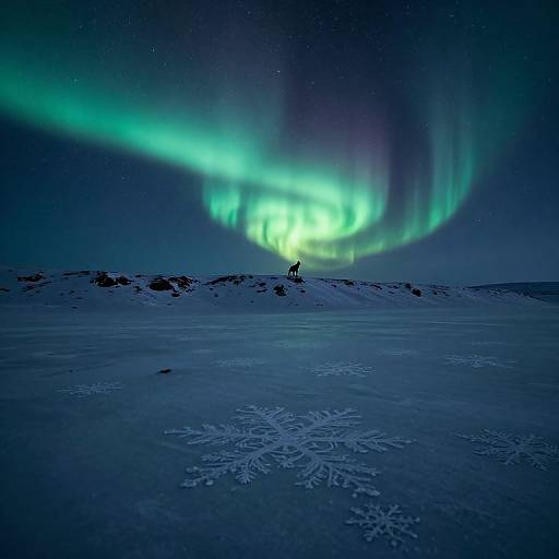 Photograph of a solitary figure standing on a snowy landscape under a mesmerizing green and blue Northern Lights display in a starry night sky.