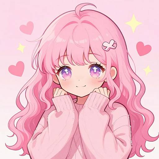 Cute anime girl with long pink wavy hair, purple eyes, white sweater, pink hair clip, smiling, hands near face, hearts and spark