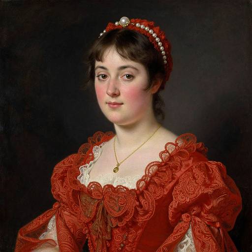 Victorian-era portrait of a fair-skinned woman with dark brown hair, wearing a red lace gown, pearl headpiece, and gold necklace, against