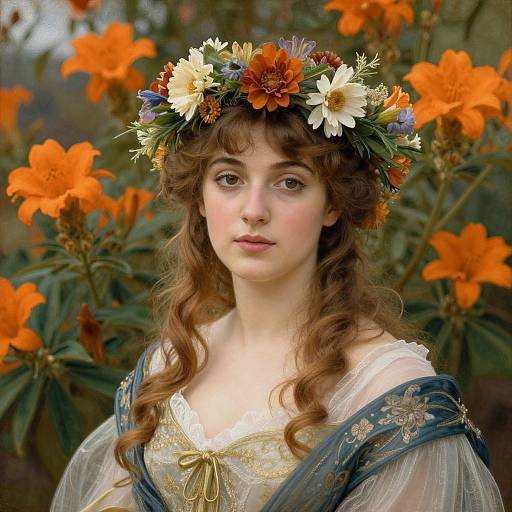 Photograph of a young woman with curly brown hair, fair skin, and soft features, wearing a floral crown and delicate, embroidered dress, set against