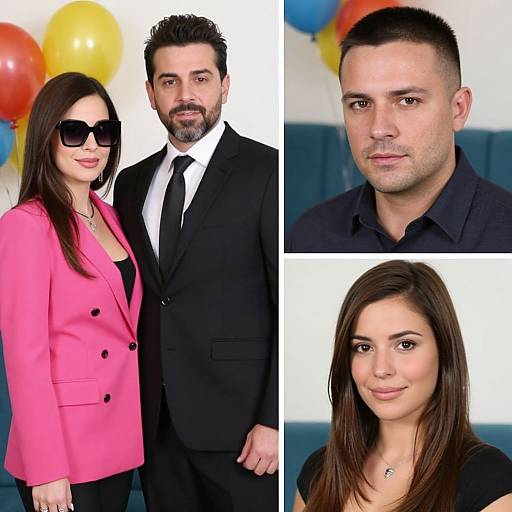 Photograph collage of a couple: woman in pink blazer and black dress, large sunglasses, dark brown hair; man in black suit, white shirt