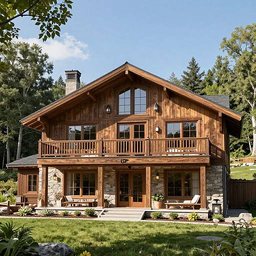 Photograph of a two-story wooden chalet with stone accents, large windows, balcony, and patio furniture, surrounded by lush greenery.