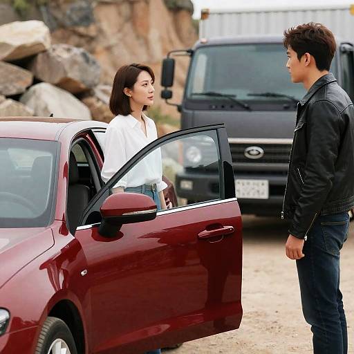 Outdoor Scene with Cars and Two Figures