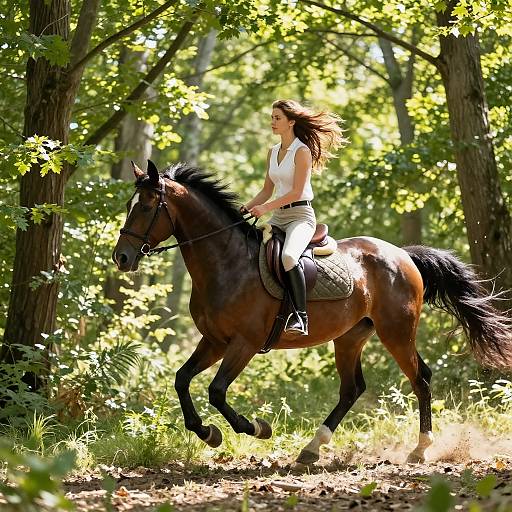 Girl Riding Horse Through Forest Trail