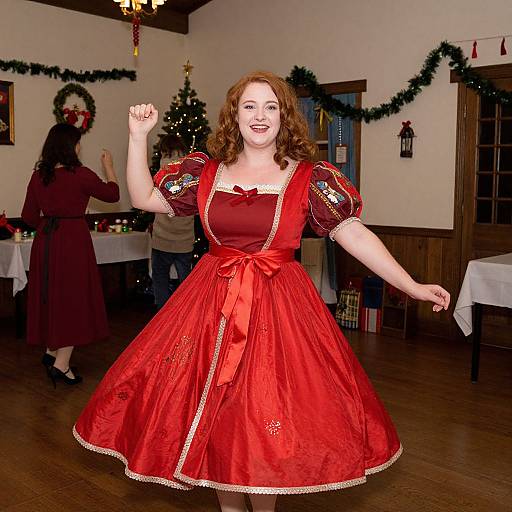 Photograph of a smiling, red-haired woman in a red, puffed-sleeve, vintage-style dress with white trim, dancing in a festive