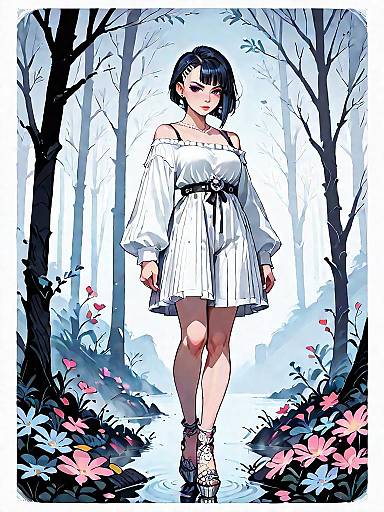 Anime Girl in White Dress in Mystical Forest