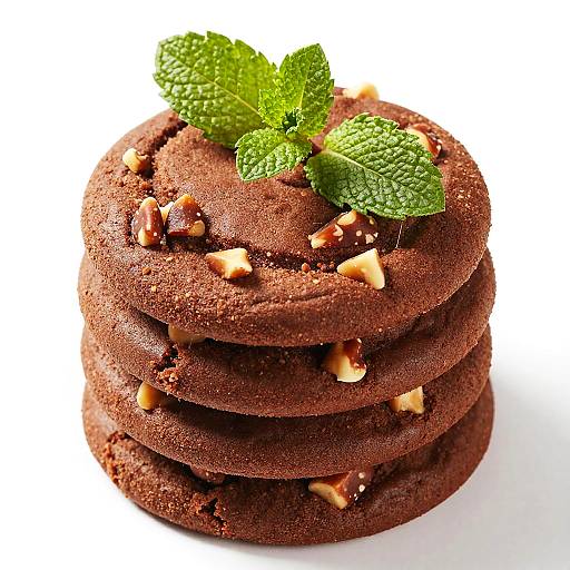 Photograph of a stack of four rich, chocolate cookies with nuts, topped with fresh mint leaves, against a white background.