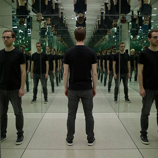 Photograph of a man in black shirt and jeans, facing mirrored wall, reflecting multiple identical images in a modern, glass-walled space.