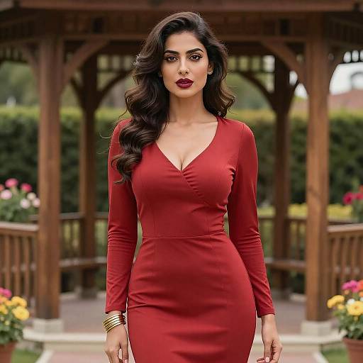 Photograph of a stunning woman with long, wavy black hair, wearing a form-fitting, deep red dress with a V-neck, standing in