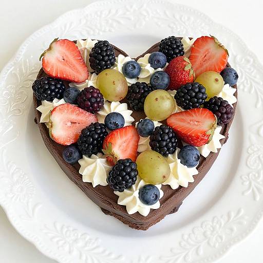 Photograph of a heart-shaped chocolate dessert topped with strawberries, blackberries, blueberries, and green grapes, surrounded by white whipped cream on a white