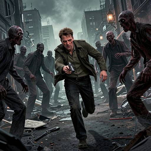 Photorealistic digital artwork of a rugged man in a green jacket, running and pointing a gun at undead, zombie-like figures in a dark, debris