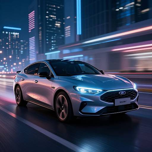 Photorealistic CGI of a sleek, silver Ford Mustang racing through a neon-lit, futuristic city at night, with vibrant blue and pink light trails