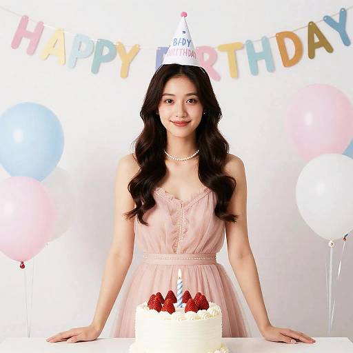 Photograph of an Asian woman with long black hair, wearing a pink dress and pearl necklace, smiling at a birthday cake with strawberries, 
