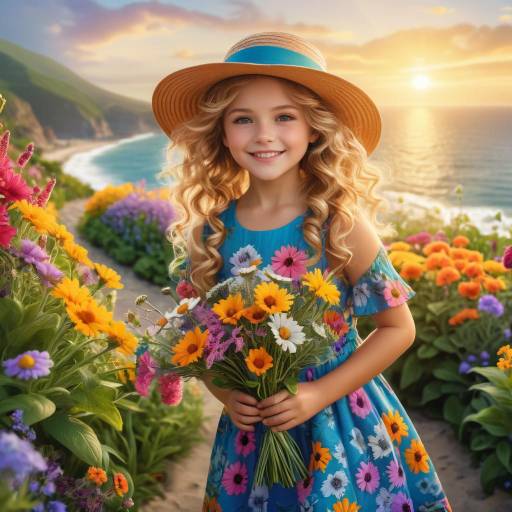 Joyful Girl in Flower Garden at Sunset Joyful Girl in Flower Garden at Sunset