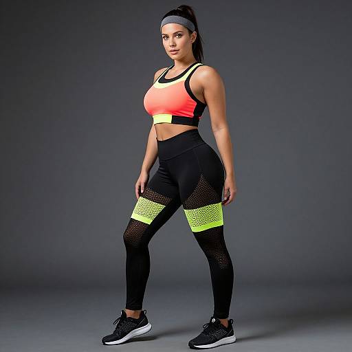 Photograph of a fit, athletic woman with dark skin and black ponytail, wearing a neon orange and yellow sports bra, black high-waist