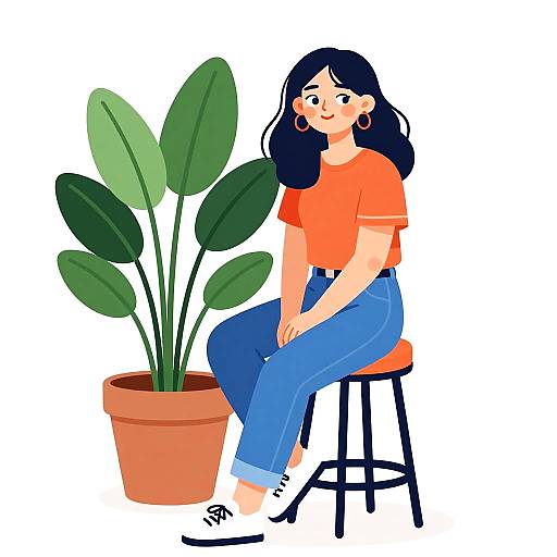 Young Woman Sitting on Stool with Potted Plant