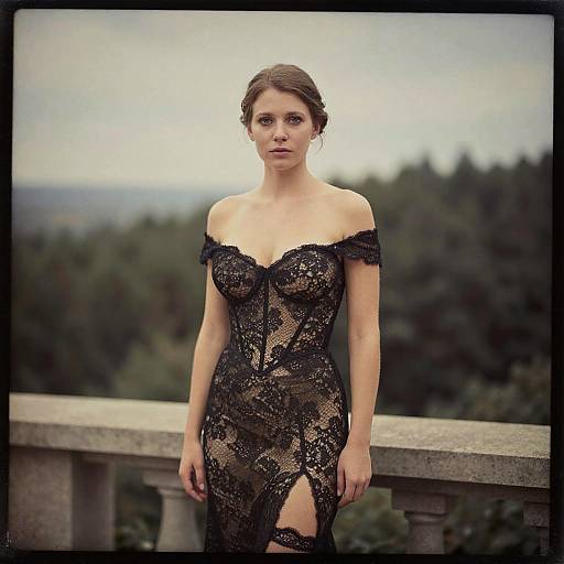 Photograph of a pale-skinned woman with brown hair in an off-shoulder black lace dress, standing on a stone balcony, forested background