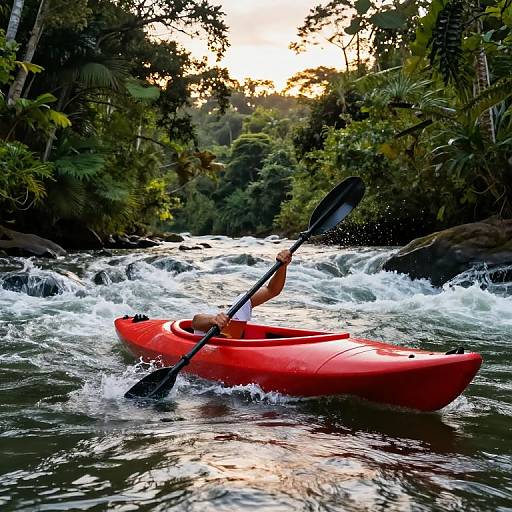 Red Kayak in Tropical River Rapids