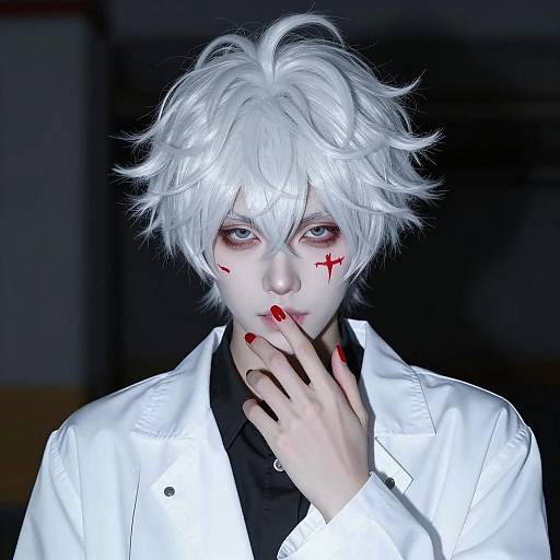 Cosplayer with White Hair and Red Face Markings