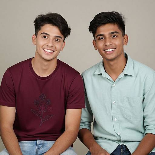 Photograph of two smiling young men with short black hair, one in a maroon t-shirt and jeans, the other in a light blue button-up