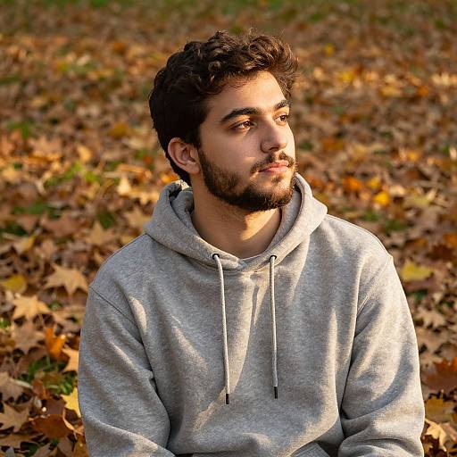 Photograph of a bearded young man with curly dark hair, wearing a gray hooded sweatshirt, sitting among autumn leaves in sunlight.