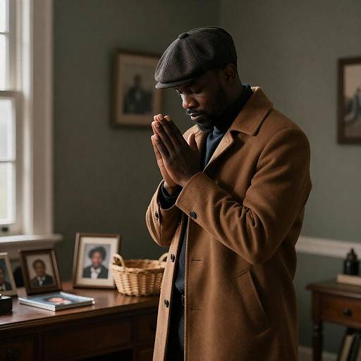 Praying Man in Brown Wool Coat