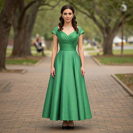 Photograph of a brunette woman with wavy hair, wearing a green, textured, V-neck, short-sleeve, full-skirt dress,