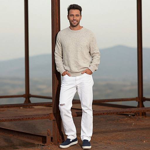 Photograph of a smiling man with short dark hair, light beard, wearing a beige sweater, white pants, and black sneakers, standing against rusty metal