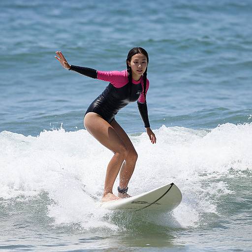 Young Woman Surfing on Waves